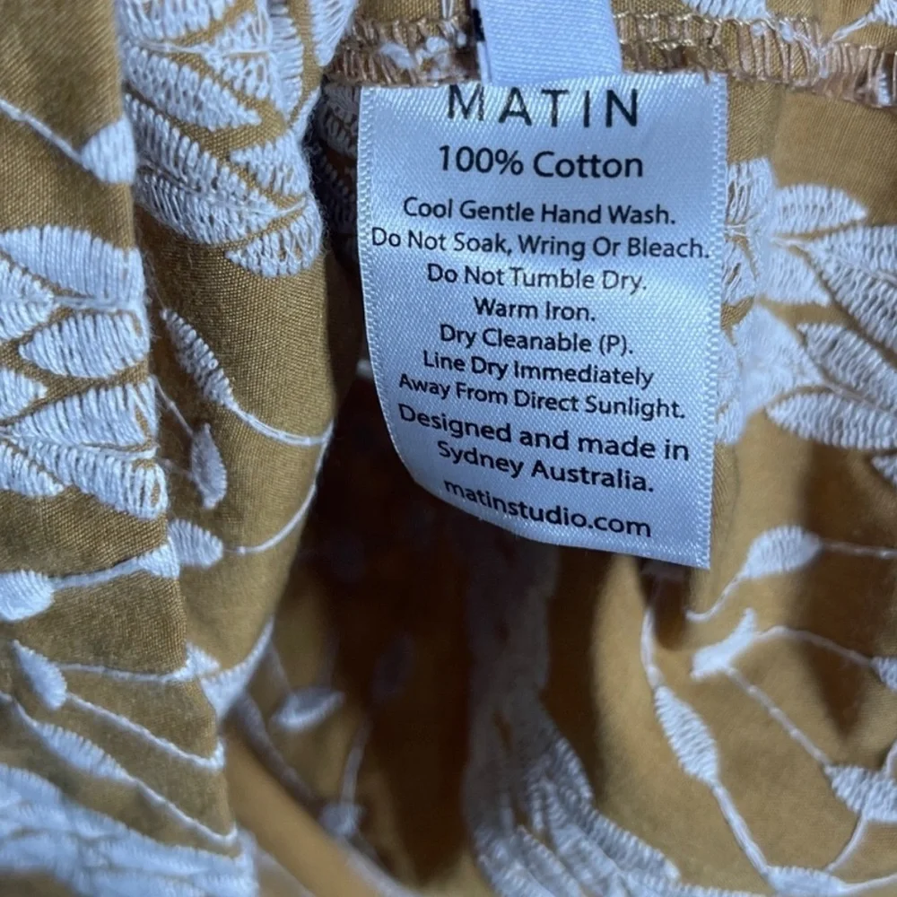 Matin Studio Embroidered Cotton Mini Dress Mustard Puff Sleeve AU 6 US 2